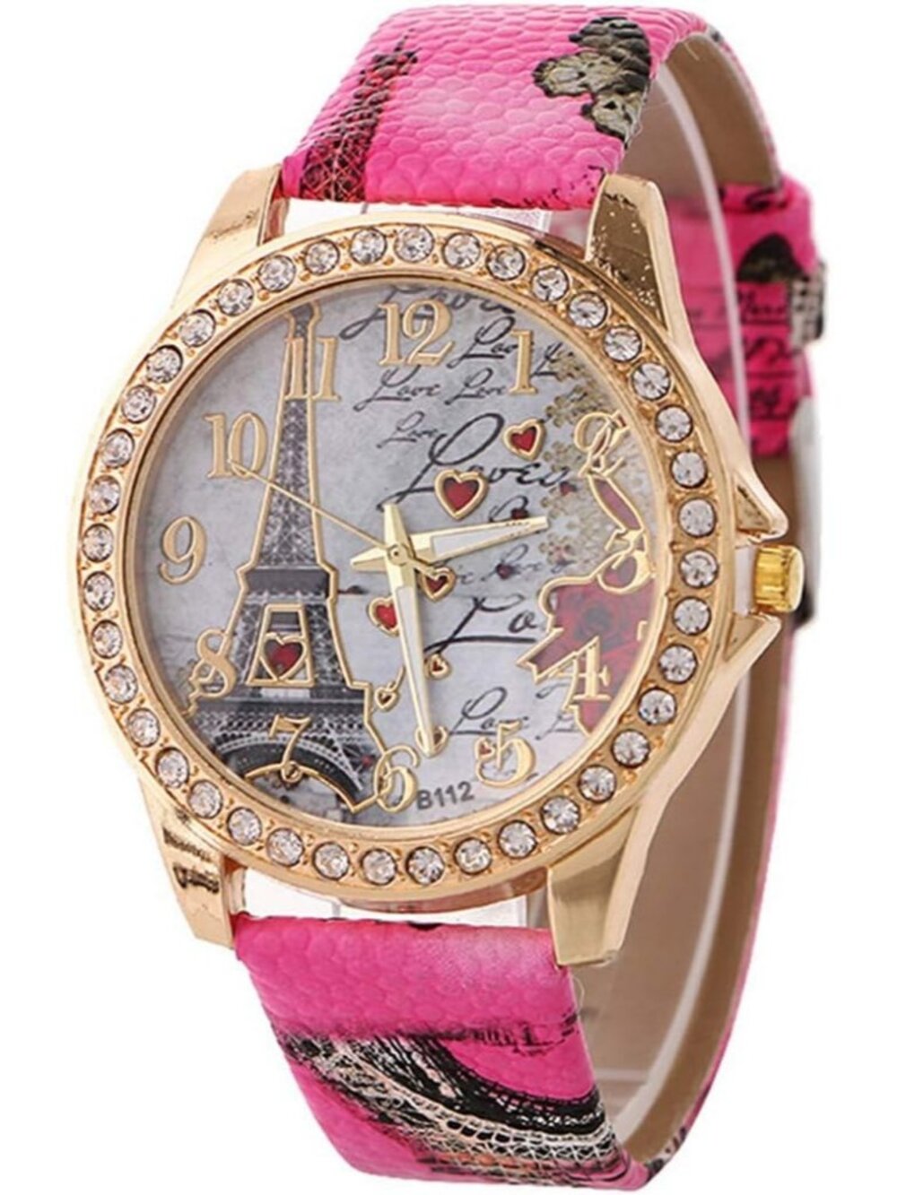 Women's Pink Leather Strap Bling Rhinestone Accented Eiffel Tower Wrist Watches